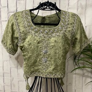 Indian Handmade Embroidered Lehenga Green and Beaded with Tasseled Side Laces